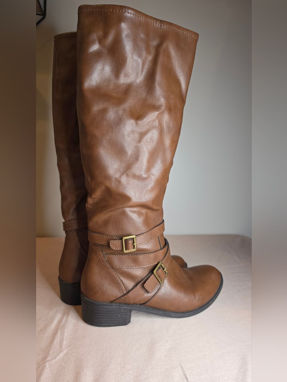 Arizona Jeans Co Women's Tall Brown Leather-Look Riding Boots with Buckle Detail